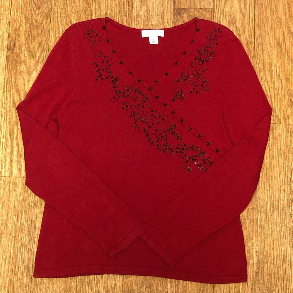 Christopher & Banks Red Cotton Long Sleeve Black Beads Faux Wrap Sweater Medium